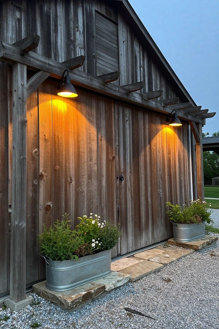 Rustic wooden barn garage doors lit by two black wall sconces with warm yellow glow, metal planters with white flowers on stone steps beside gravel driveway
