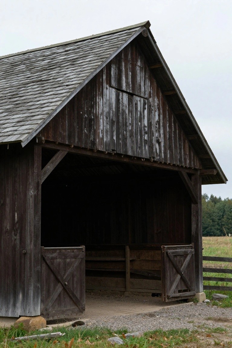 Rustic wooden barn garage with open double doors and timber framing