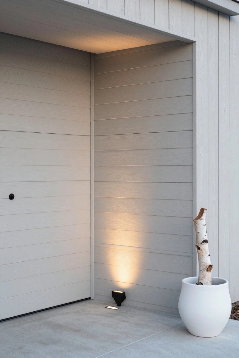 Modern house exterior with gray siding, concrete floor, and white planter.