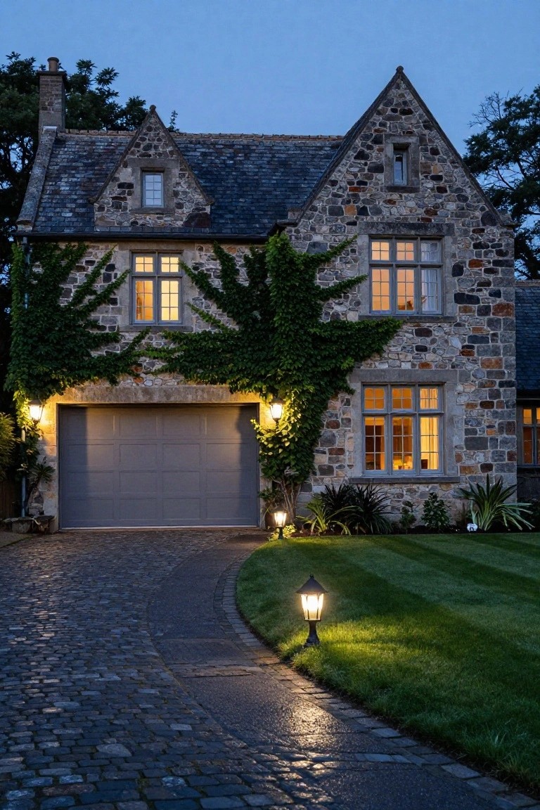 Stone house with ivy-covered walls and gray garage door at dusk, cobblestone driveway lined with lit post lanterns, wall lights on garage, and landscaped yard with grass.