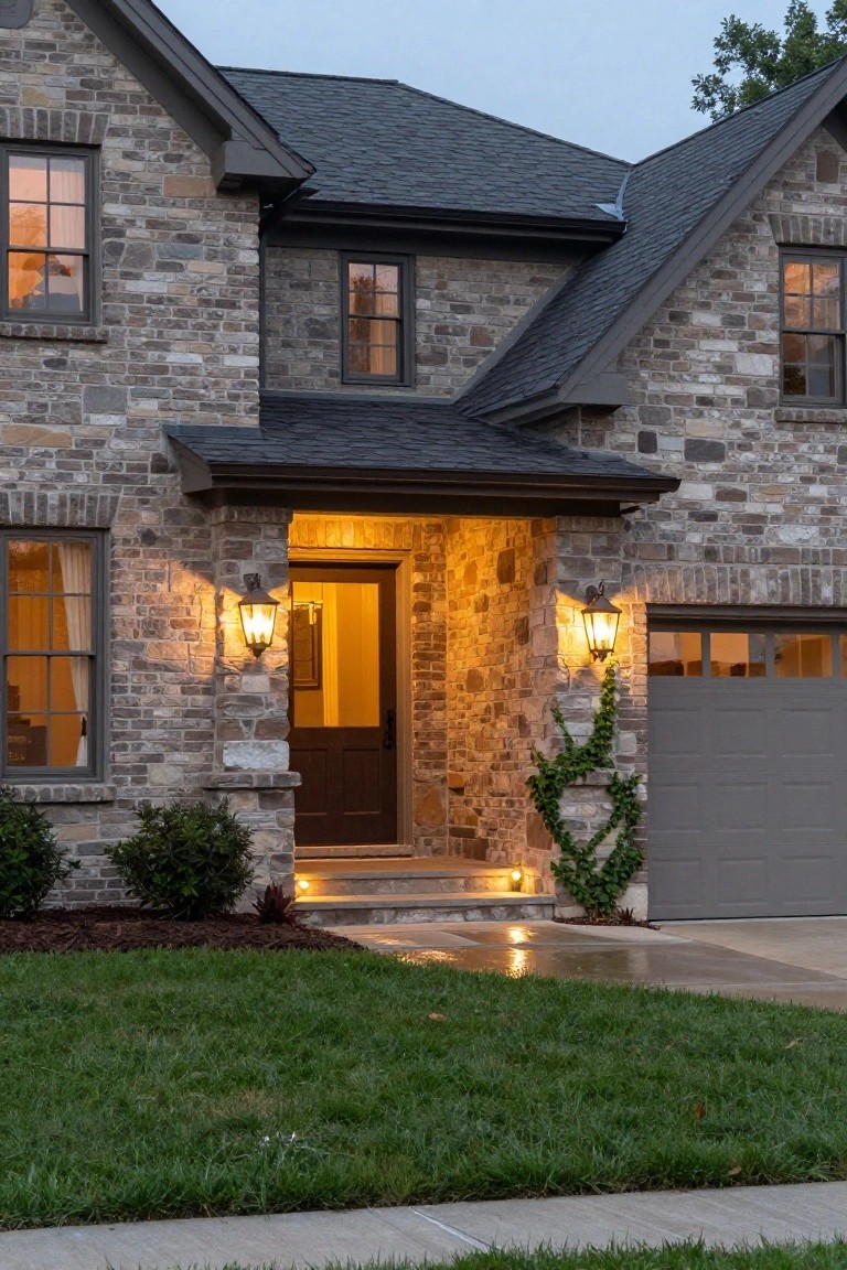 Stone-front house exterior at dusk with two wall-mounted lanterns lighting a covered porch entry, dark wood door, adjacent closed garage door, pathway lights, bushes, and lawn.