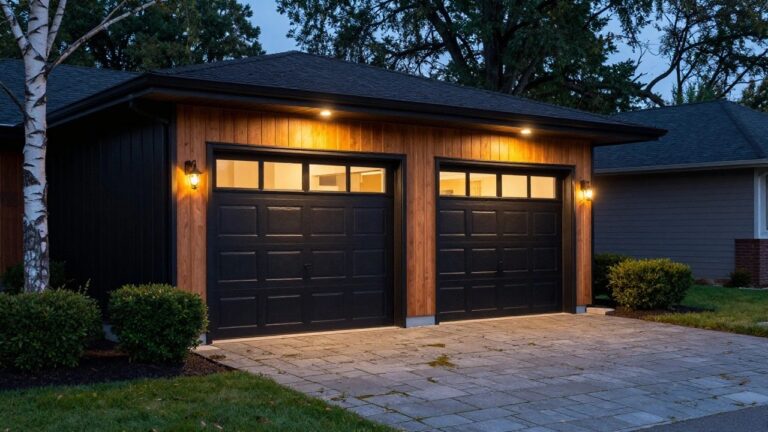 Detached garage at dusk with black paneled doors, wood side cladding, flanked by two black wall lanterns emitting warm light, paver driveway, birch tree, shrubs, and grass nearby.