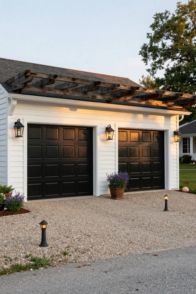 White detached two-car garage with black doors, black wall-mounted lanterns flanking the doors, gravel driveway with two short bollard lights, potted purple flowers, and landscaping along the front.