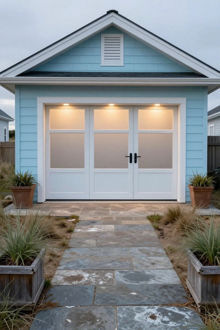 Light blue detached garage with gabled roof and three tall frosted glass doors glowing with warm yellow interior light, flanked by potted grasses and a flagstone pathway.