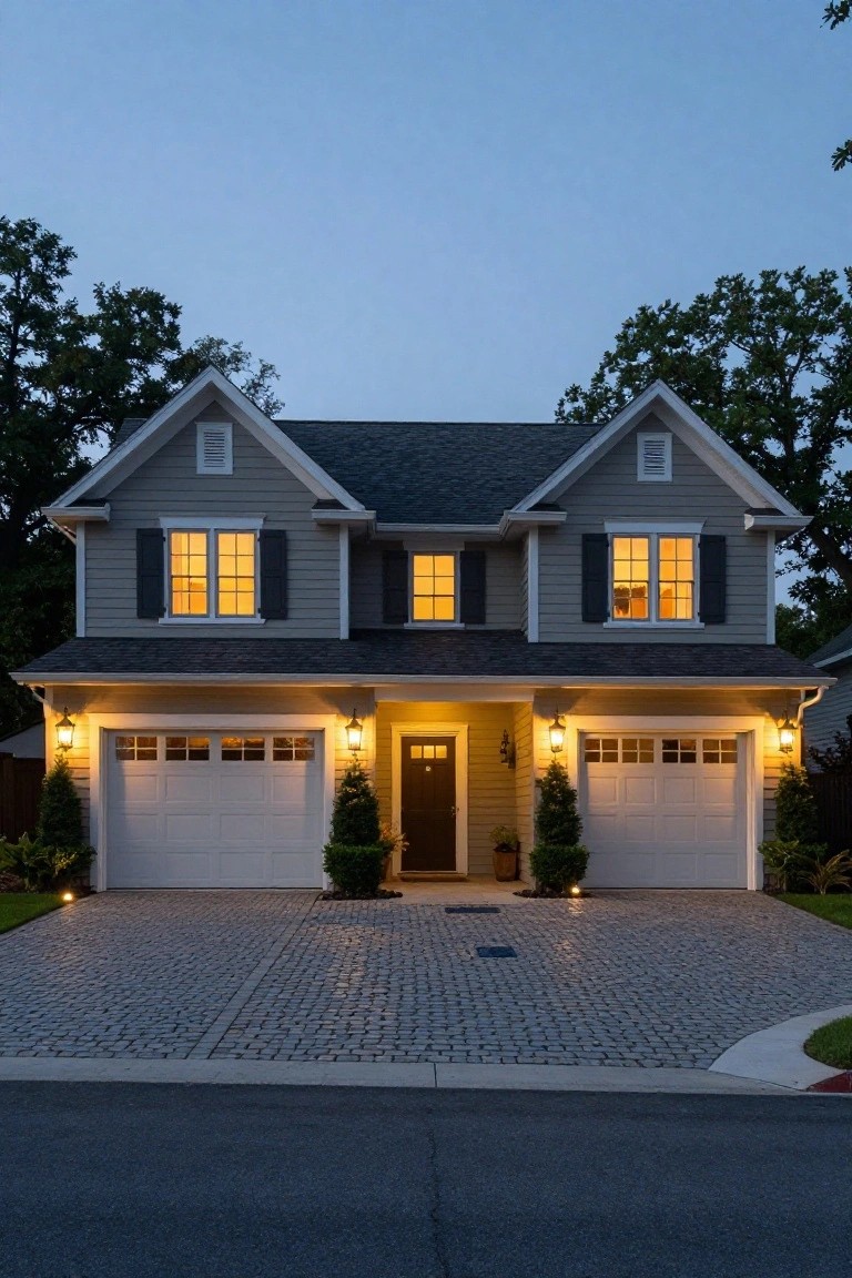 Gray clapboard house with two-car garage and dark roof at dusk, lit by post lanterns flanking the white garage doors and pathway lights along the cobblestone driveway.