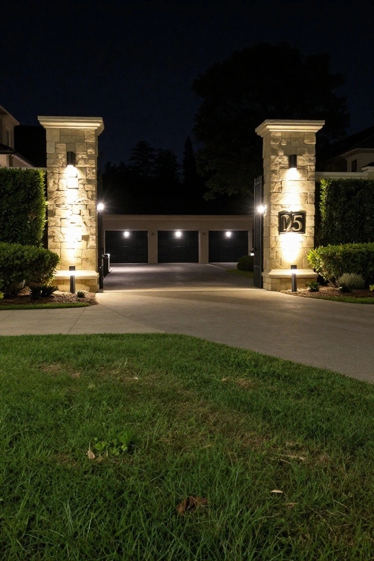 Nighttime photo of a three-car garage entrance flanked by tall stone pillars topped with lights, hedges on both sides, and a concrete driveway.