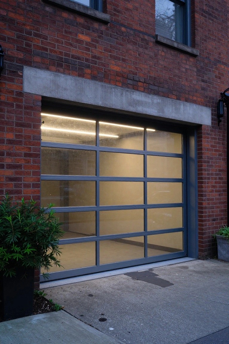 Brick house exterior with a large glass-paneled garage door featuring LED strip lighting along the top interior edge, potted plants to the side, and wall-mounted lanterns.
