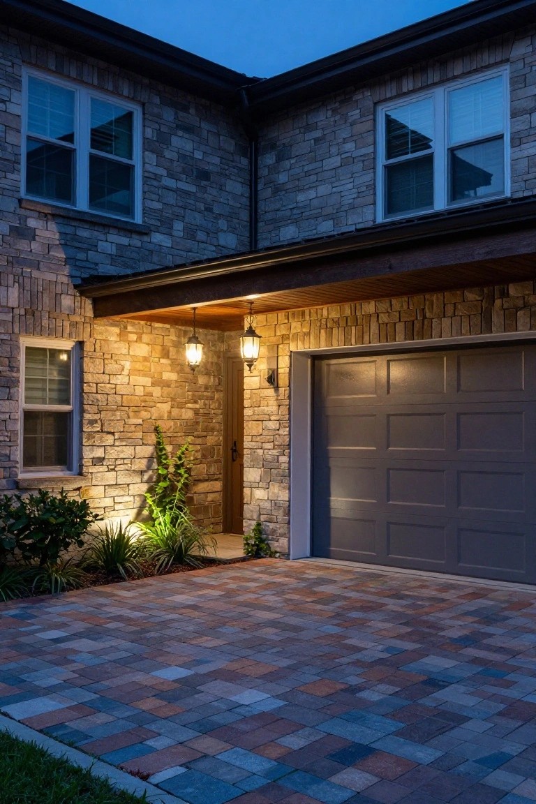 House exterior at dusk showing beige stone facade, gray garage door under wooden overhang with two hanging lanterns, uplights illuminating plants beside the driveway, and brick paver surface.