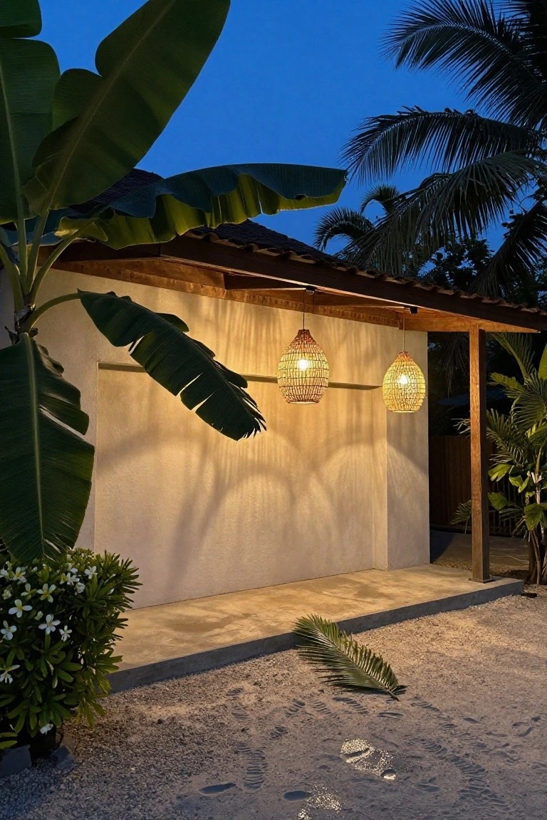 Wooden-roofed outdoor shelter with three hanging woven lanterns casting warm light on a beige stucco wall at dusk, surrounded by banana leaves, palms, and sandy ground.