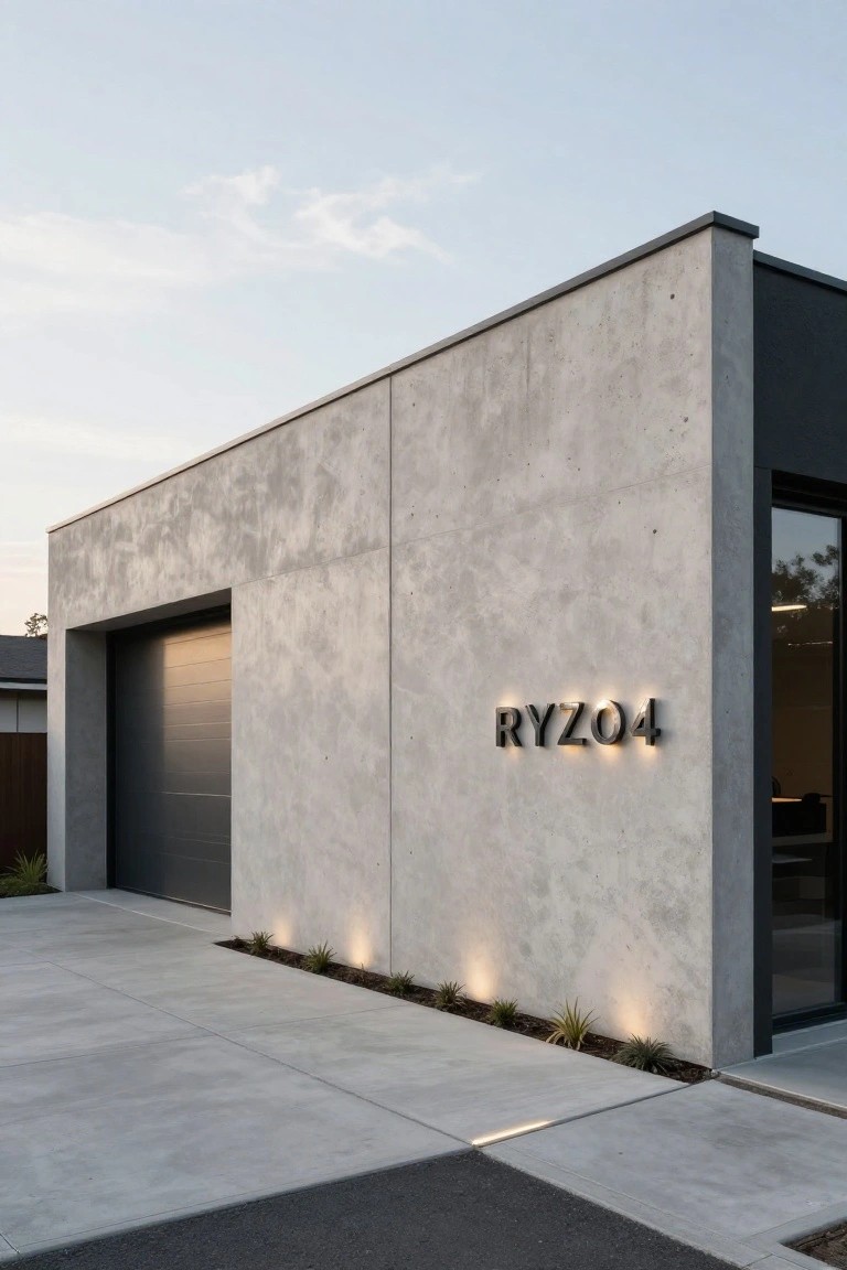 Modern garage with textured gray concrete walls, black garage door, RYZ04 signage, large glass window, linear base lighting along walls, and uplights on grasses beside the driveway.