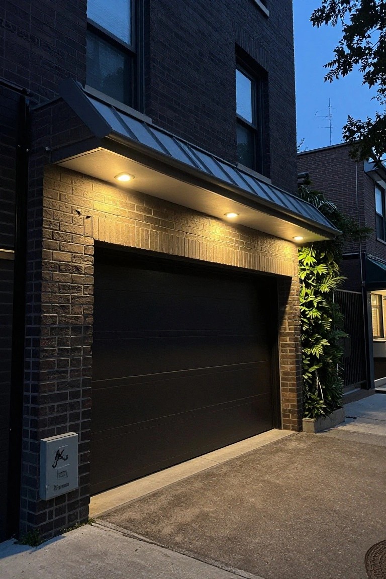 Dark brick house exterior at dusk with black garage door under a metal awning illuminated by recessed lights, vertical green plants on one side, and concrete driveway.