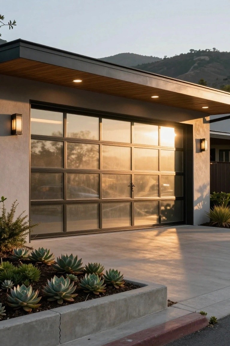 Modern garage with large frameless glass door, black rectangular wall sconces on stucco walls, wood soffit overhead, succulent planters along concrete driveway, and mountains at sunset.