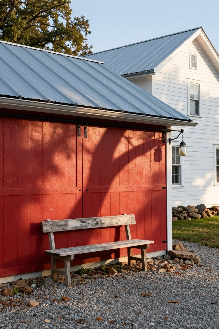 Red barn-style garage doors with wooden bench in front, next to white house and stone wall