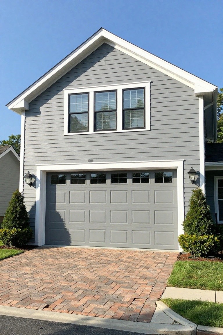Gray-sided house with matching gray garage door, white trim, and brick paver driveway under blue sky