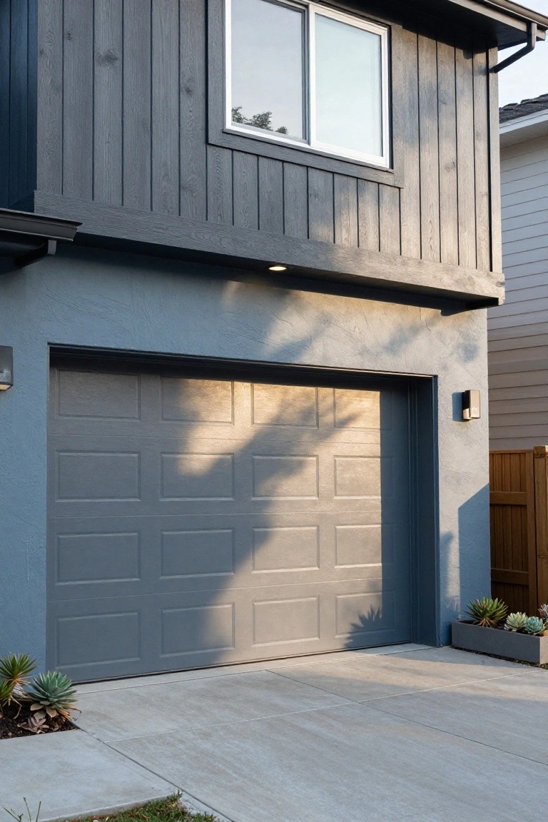 Modern home garage door painted in medium cool gray with adjacent light stucco wall and dark wood siding above