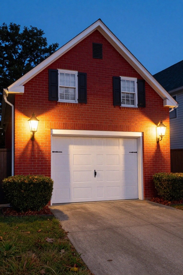 Red brick garage with crisp white door, black shutters, and warm lantern lights at dusk