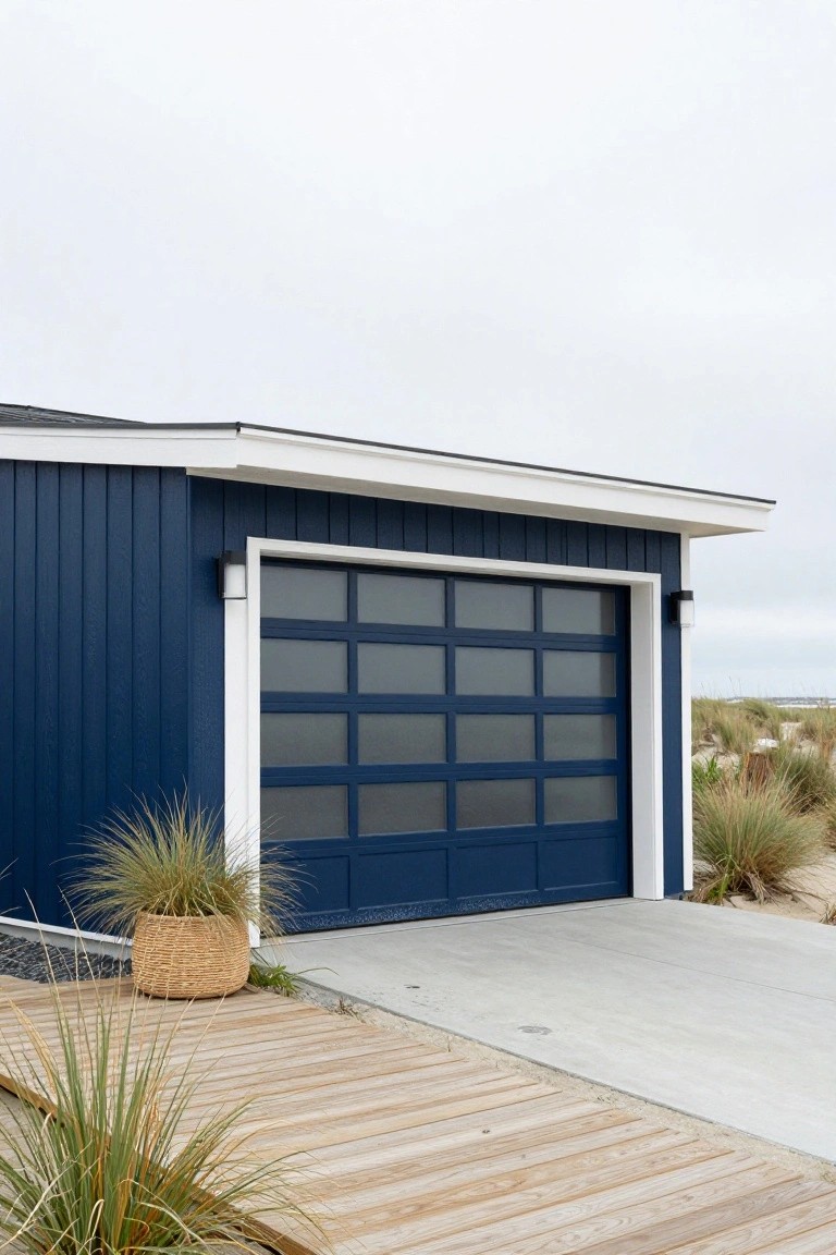 Garage with deep navy blue vertical siding and matching frosted glass door, set against sandy dunes and wood boardwalk