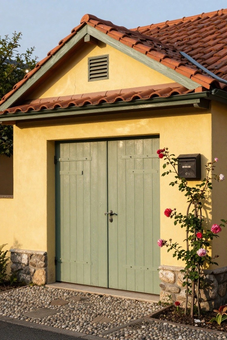 Yellow stucco garage with sage green double doors, stone base, gravel path, and climbing pink roses by a mailbox