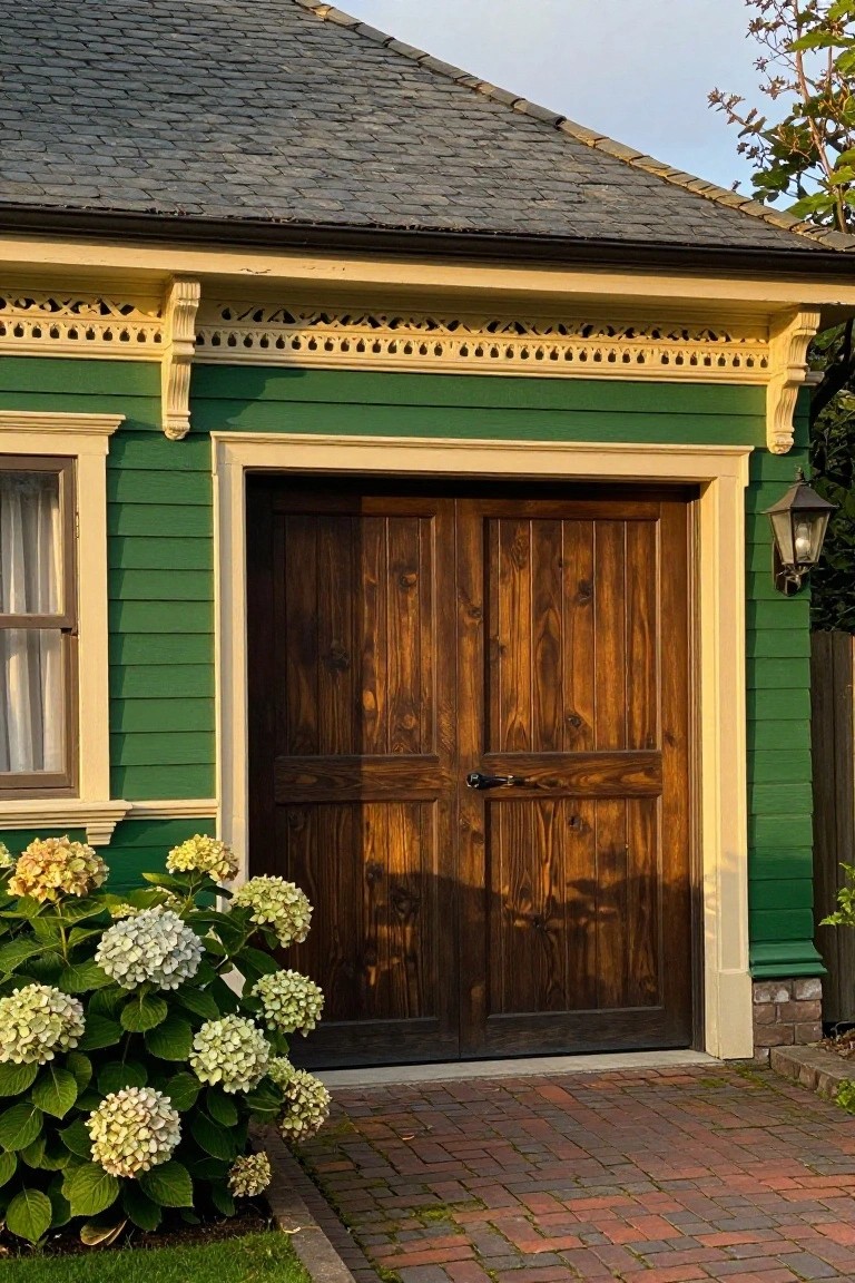 Sage green painted house siding framing wooden garage doors, with white hydrangea bushes and brick path in front