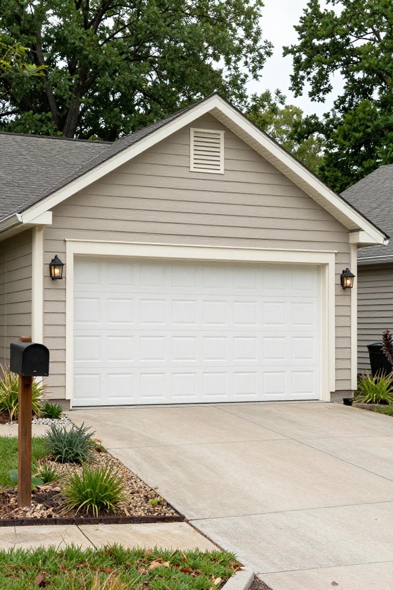Garage exterior painted in soft warm greige siding with white door and trim