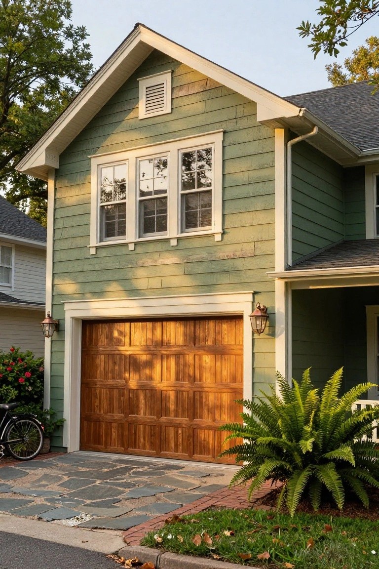 Sage green house siding framing a wooden garage door with stone pavers and plants