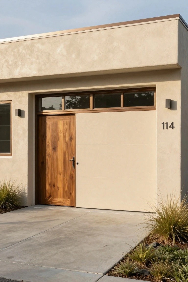 Modern garage exterior with warm beige stucco walls, wooden entry door, and potted plants along the driveway