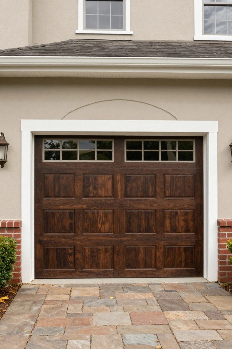 Garage exterior with warm beige siding, brown wood door, white trim, brick side accents, and stone paver walkway