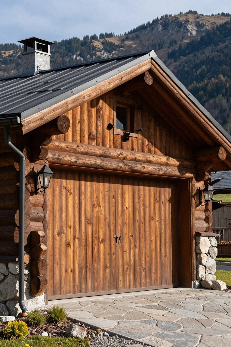 Rustic garage with warm brown vertical plank doors on a log cabin structure amid mountains