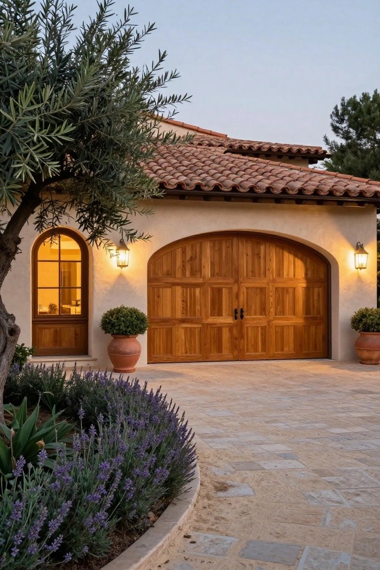 Beige stucco garage with tall arched wooden garage door, flanked by olive tree and lavender plants in terracotta pots, wall lanterns lit at dusk, on curved stone-paver driveway.