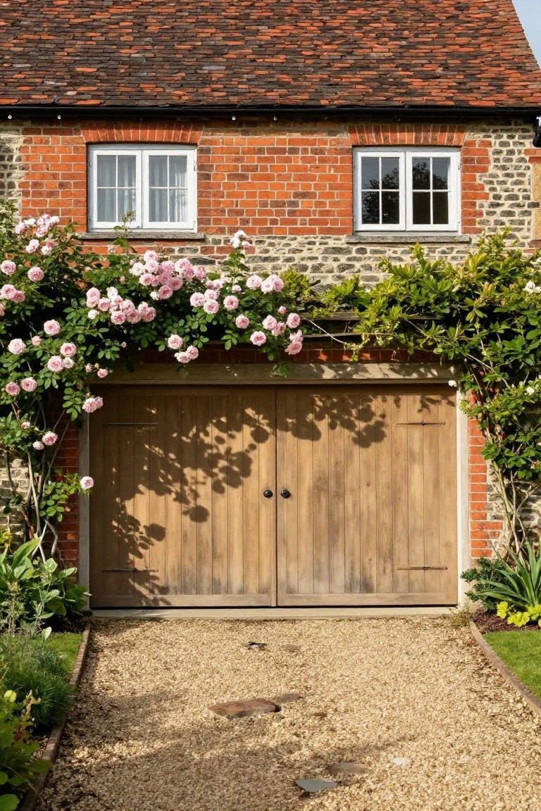 Climbing Roses Around a Wood Garage Door