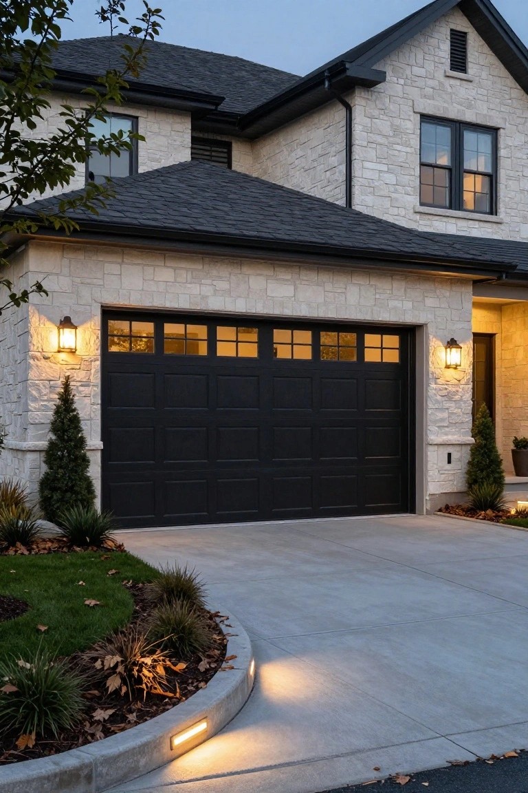 Modern house exterior featuring light beige stone walls, black paneled garage door with glass inserts, wall-mounted lanterns on each side, curved concrete driveway with edge lighting, and low landscaping plants.
