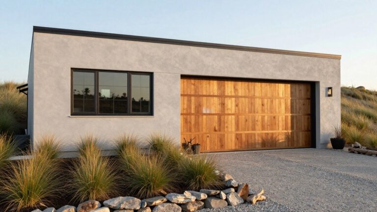 Modern garage exterior with light gray stucco walls, large overhead door of horizontal wood planks in a dark frame, black rectangular wall lanterns, ornamental grasses, stone borders, and gravel driveway.