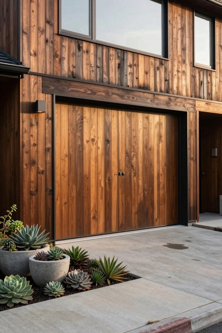 Modern house exterior featuring vertical cedar wood siding on walls and garage door, black window frames, and potted succulents along a concrete driveway.