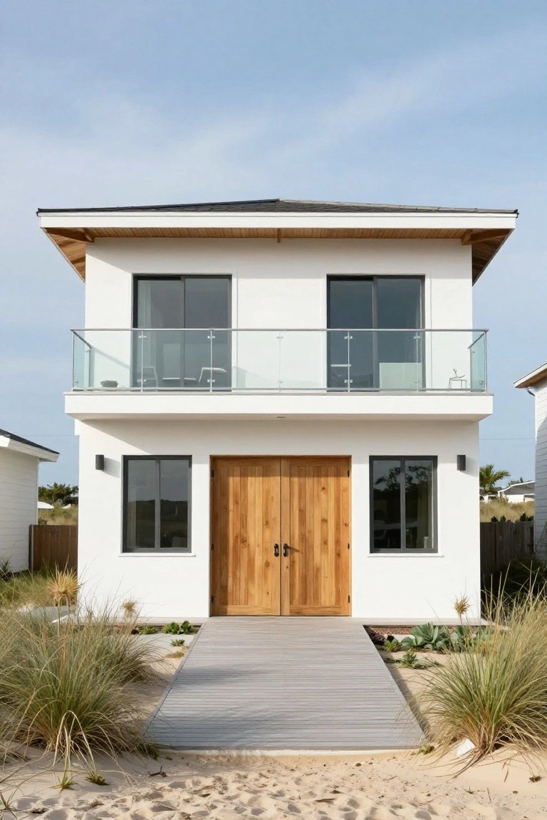 A modern two-story white beach house with large wooden double front doors, glass balcony railing above, wooden pathway, and dune grasses on sand.