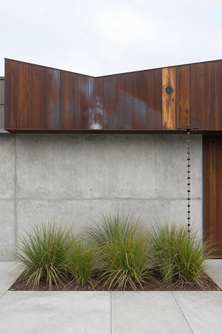 Modern house exterior with angled wooden cladding over a concrete wall, a flush wooden door on the right, tall grasses in a rectangular bed, and a chain downspout beside the door.