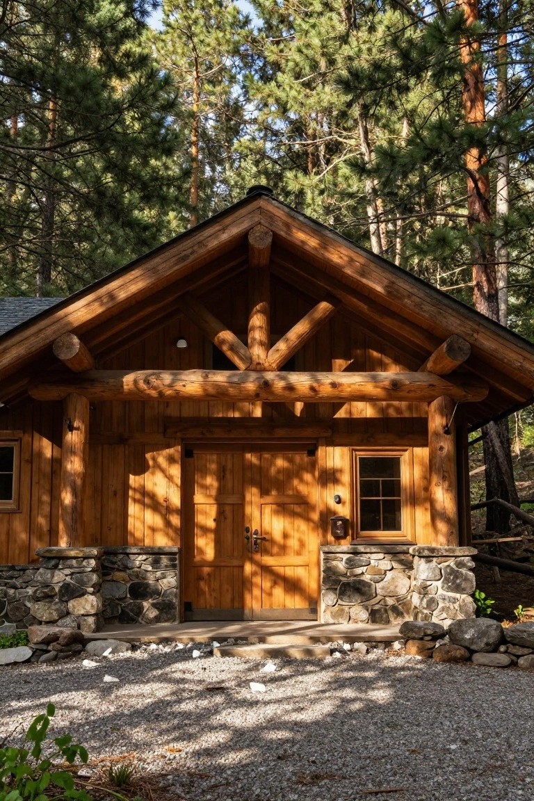 Natural Wood Garage Door on Log Cabin