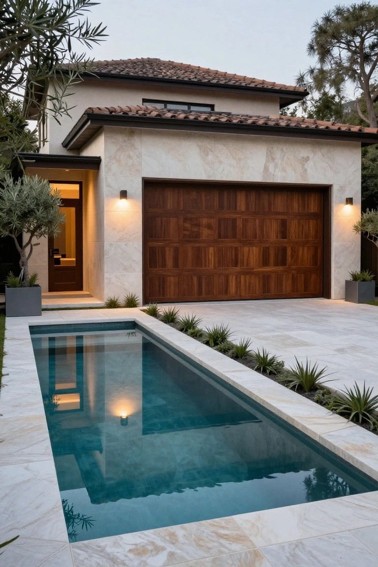 Natural Wood Garage Door on Stucco Walls