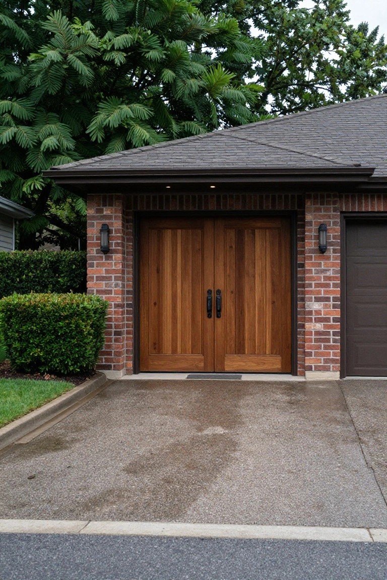 Brick house exterior with tall wooden double garage doors featuring vertical planks and black handles, flanked by wall lanterns, next to a standard garage door, hedges, and a wet concrete driveway.