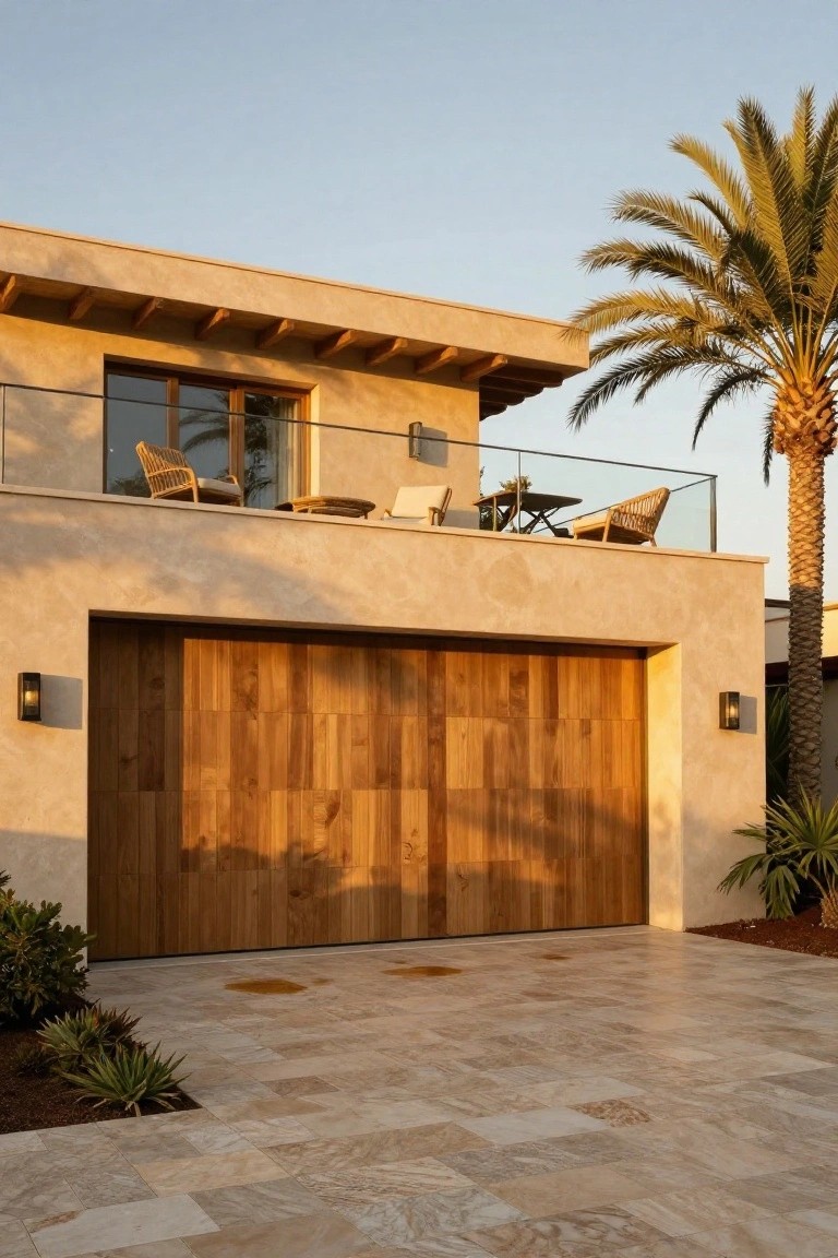 Beige stucco two-story house exterior with a large horizontal-plank wooden garage door, overhead glass-railed balcony with chairs and table, palm trees, wall lights, and travertine-paved driveway.