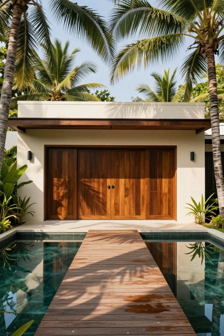White modern pavilion-style garage with large dark wooden sliding doors, approached by a straight wooden walkway over a rectangular pool, surrounded by palm trees and tropical plants.