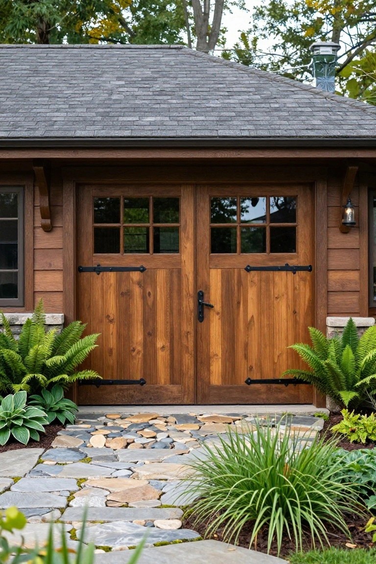 Detached garage with dark wooden double doors featuring window panes and black strap hinges, flanked by ferns and hostas, approached by a flagstone pathway in a wooded setting.