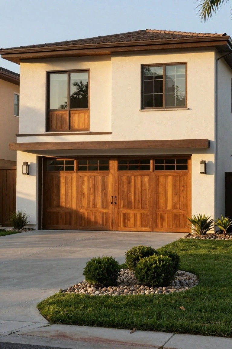 Two-story modern house with beige stucco walls, dark wood double garage door flanked by lanterns, upper wood-trimmed balcony, driveway, and front landscaping with shrubs and rocks.
