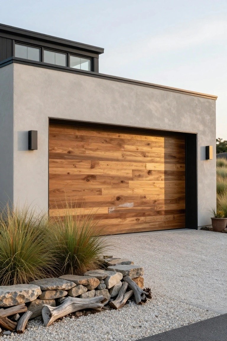 Modern garage exterior with light gray stucco walls, large overhead door of horizontal wood planks in a dark frame, black rectangular wall lanterns, ornamental grasses, stone borders, and gravel driveway.