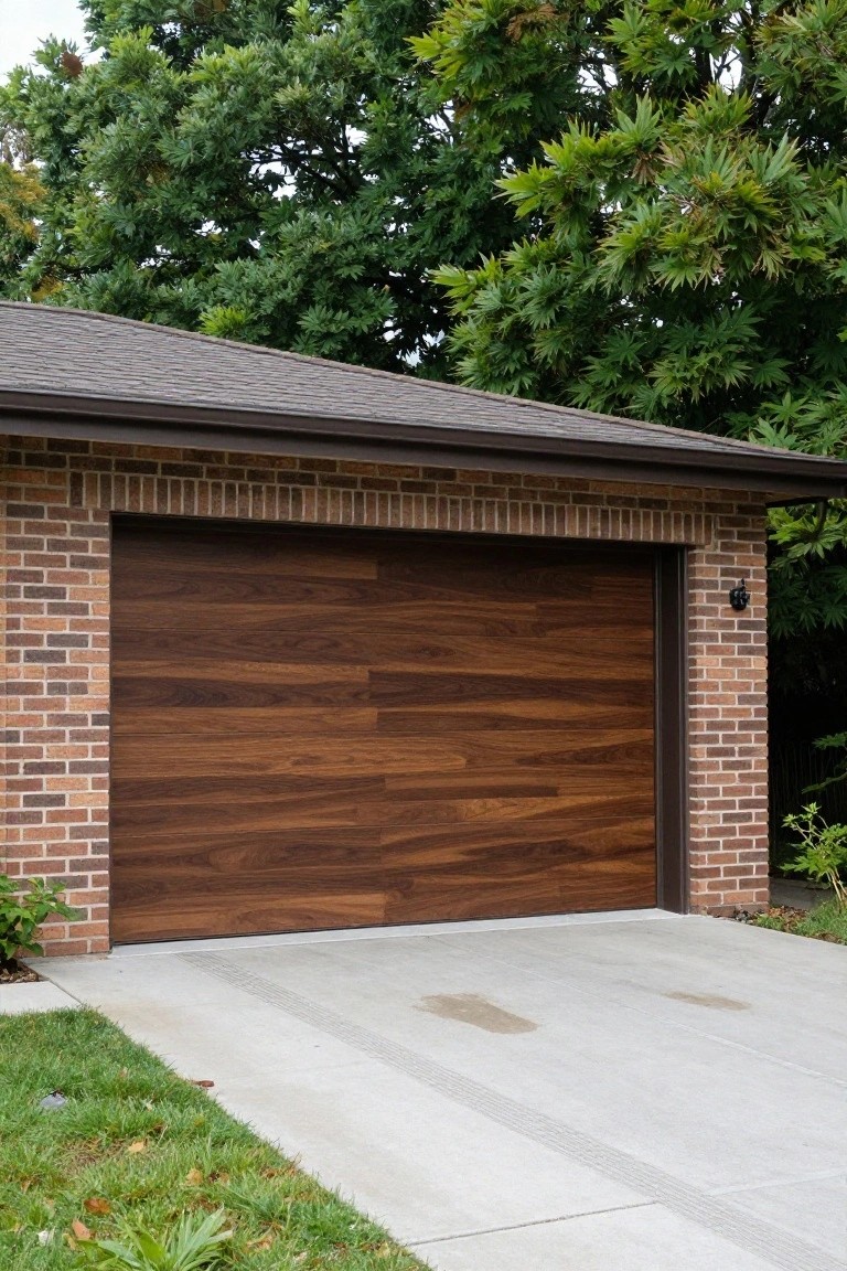 Brick garage building with dark horizontal wood plank door, concrete driveway, grass edges, and surrounding trees.