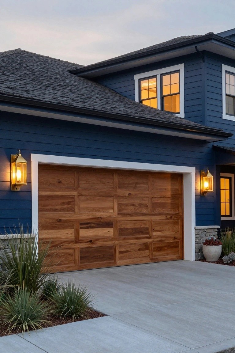 Navy blue two-story house exterior with rectangular paneled wooden garage door, flanked by lit lantern sconces, agave plants, and a potted plant along concrete driveway at dusk.