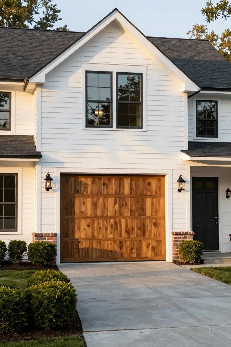 White shiplap two-story house with dark shingle roof, large windows, brown vertical-plank wood garage door flanked by black lanterns, black front door, brick accents, bushes, and concrete driveway.