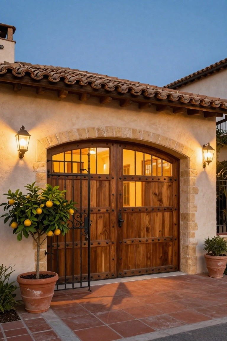 Double arched wooden garage door with dark metal grilles set in beige stucco walls under a clay tile roofline, flanked by wall lanterns and potted orange trees on a terracotta paver driveway at dusk.