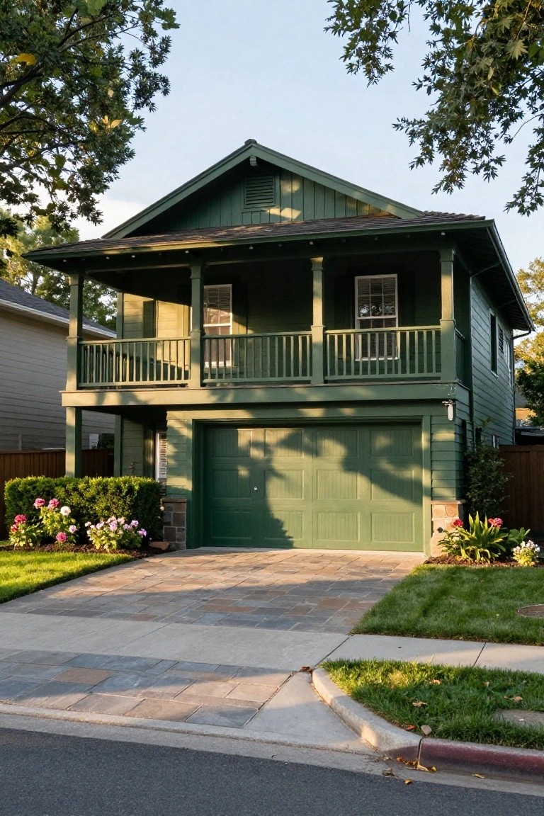 Two-story green house with a balcony above the front-facing garage door, paver driveway, and landscaping with bushes and flowers.