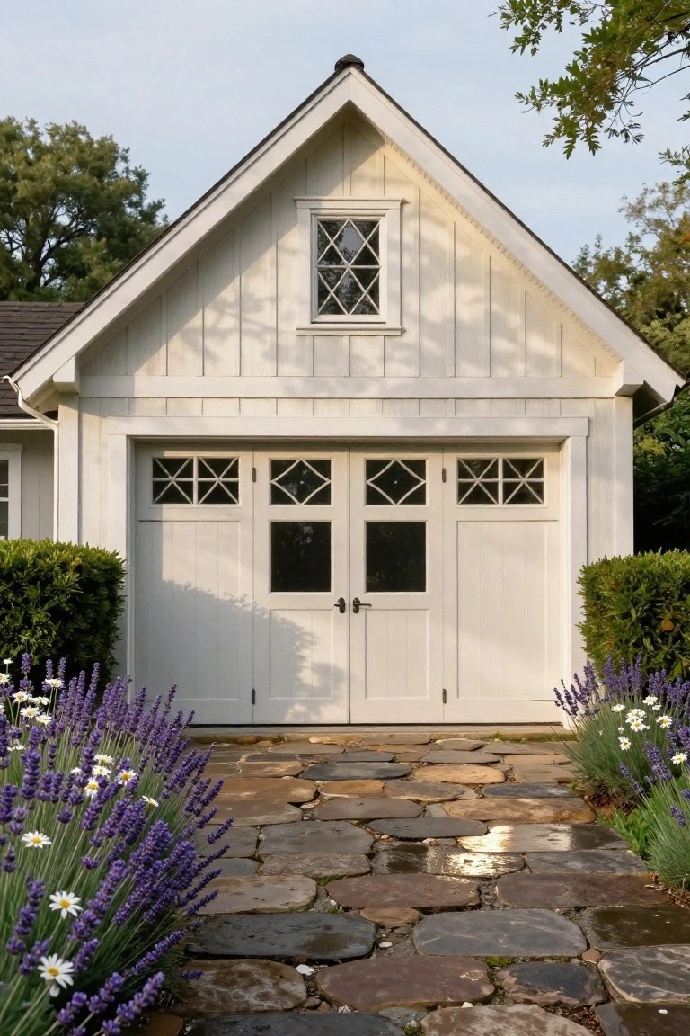 White board-and-batten detached garage with gabled roof, large double doors with window grilles, lavender plants and hedges on sides, and irregular stone pathway leading to doors.