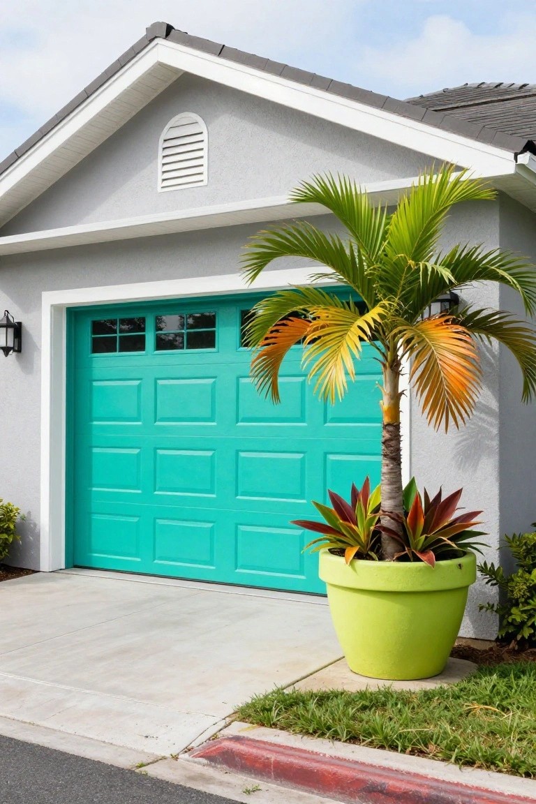 Gray house exterior with turquoise garage door, potted green palm tree with red bromeliad beside it, and concrete driveway.